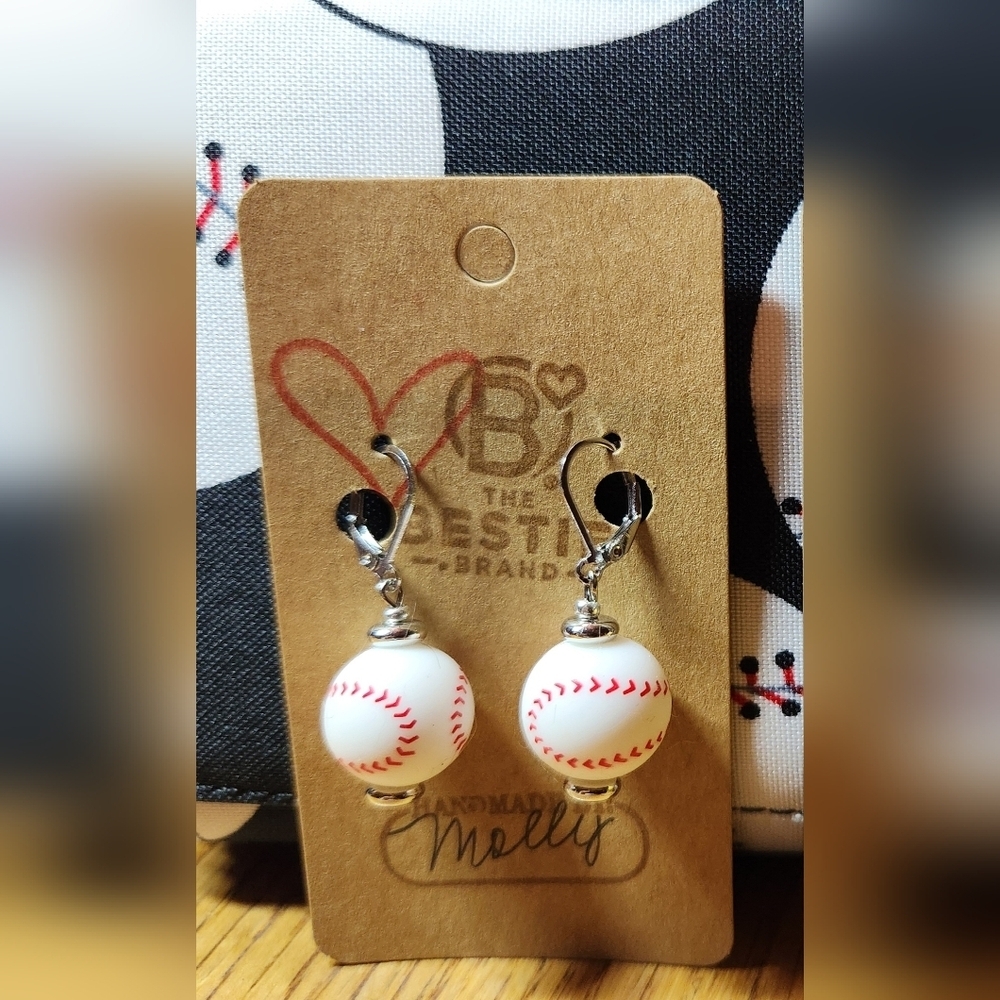 Handmade White Baseball Dangle Earrings Red Stitching Surgical Steel Leverbacks